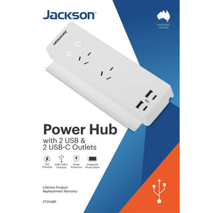 Jackson PT2USBP Power Hub box showing the white hub with 2 mains sockets, USB-A and USB-C ports and a front phone stand, with feature icons below