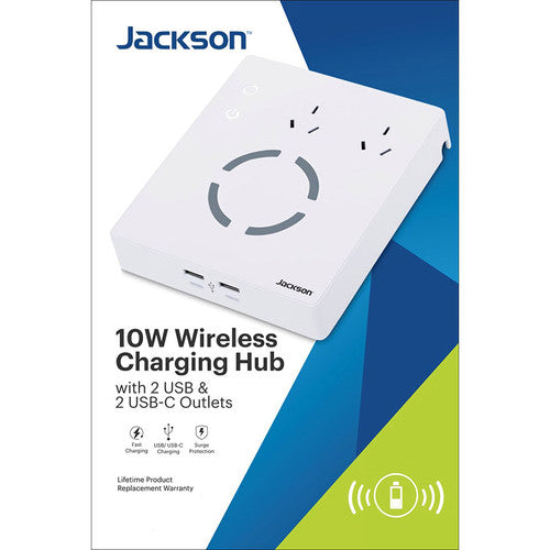 Jackson 10W Wireless Charging Hub with 2 x USB-A USB-C Outlet White