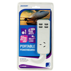 Jackson PT3USB3A portable powerboard in its blister pack, showing a white unit with 4 USB ports above a single socket and badges for 4 USB outlets, 3.4 Amp rapid charge and a 90cm lead