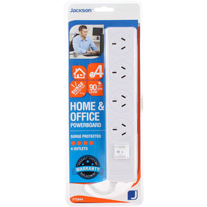 Jackson PT5944 white 4 outlet powerboard in its blister pack, with badges for surge protected, 4 outlets and a 90cm lead and a lifetime warranty badge