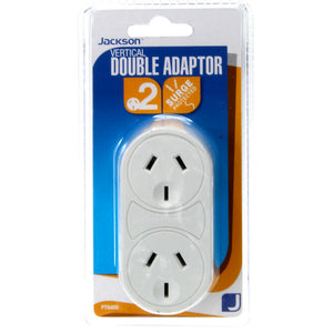 Jackson PT6400 vertical double adaptor in its blister pack, white with 2 stacked sockets and a surge protected badge