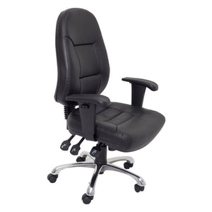 Rapidline PU300 high back chair in black PU, three quarter view showing the adjustable arms, levers and chrome 5 star base.