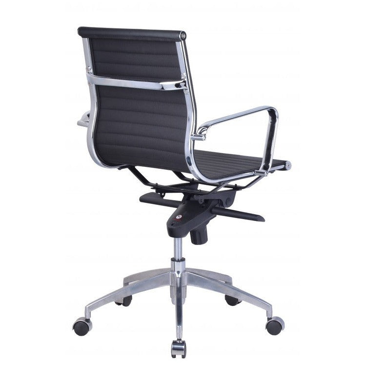 Rear three quarter view of the Rapidline PU605M chair showing the chrome frame behind the black PU back.