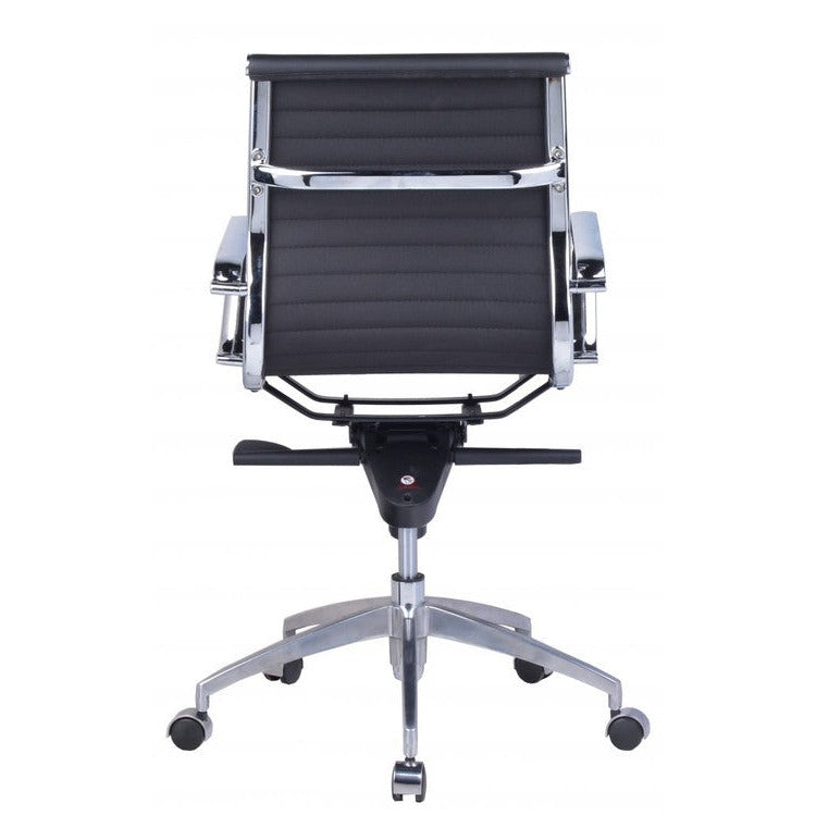 Back view of the Rapidline PU605M chair in black PU showing the chrome frame, mechanism and 5 star base.