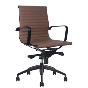 Rapidline PU605M medium back executive chair in ribbed tan PU with black loop arms and black 5 star base on castors, front three quarter view