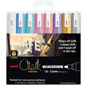 Uni Liquid Chalk Marker Bullet Tip 2.5mm Metallic Colours Pack of 8