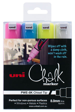 Uni Liquid Chalk Marker Chisel Tip 8mm Assorted Wallet of 4