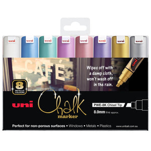 Uni Liquid Chalk Marker Chisel Tip 8mm Metallic Colours Pack of 8
