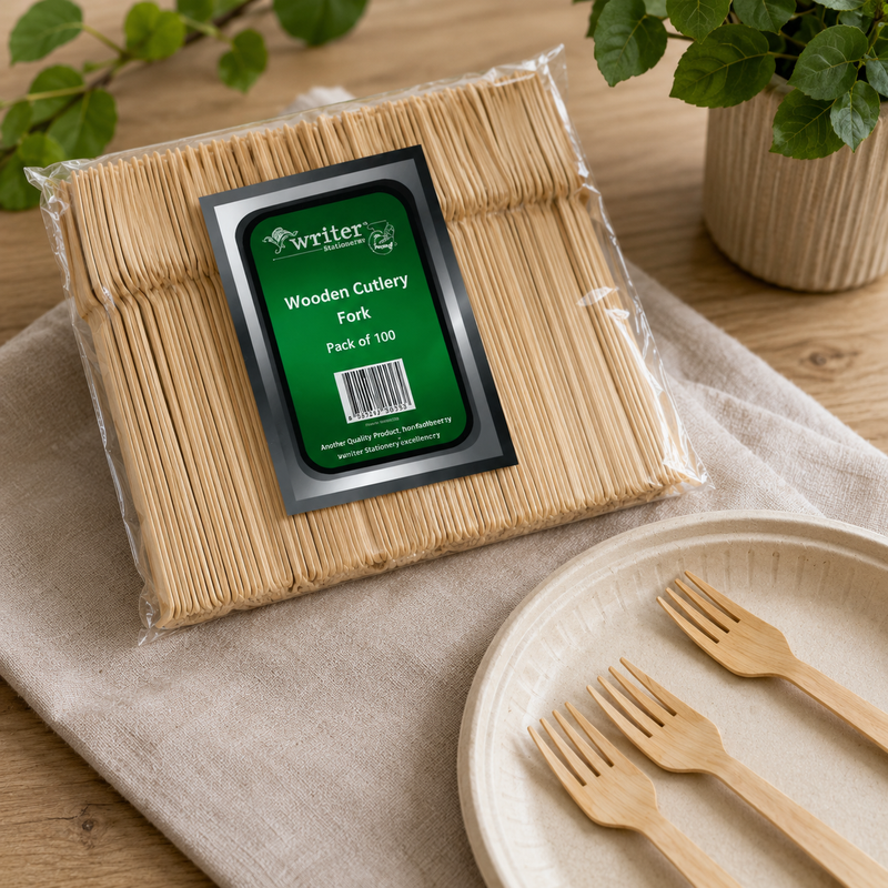 Pack of Writer Breakroom Eco 160mm wooden forks displayed on a linen tabletop beside compostable plates and loose wooden forks.