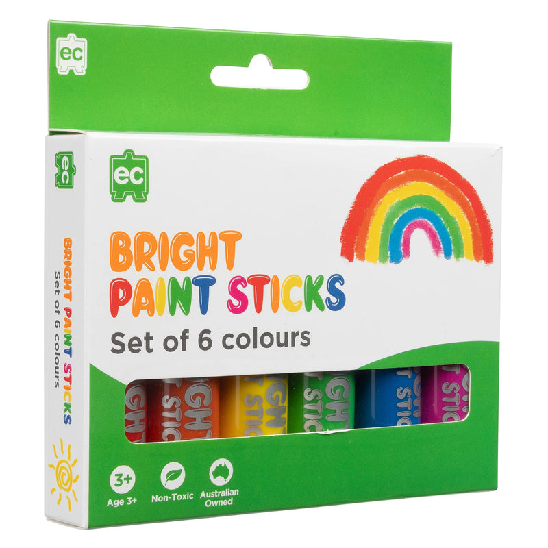 Angled view of the Bright Paint Sticks Set of 6 packaging showing colourful paint sticks and compact retail box presentation designed for creative learning and art activities.