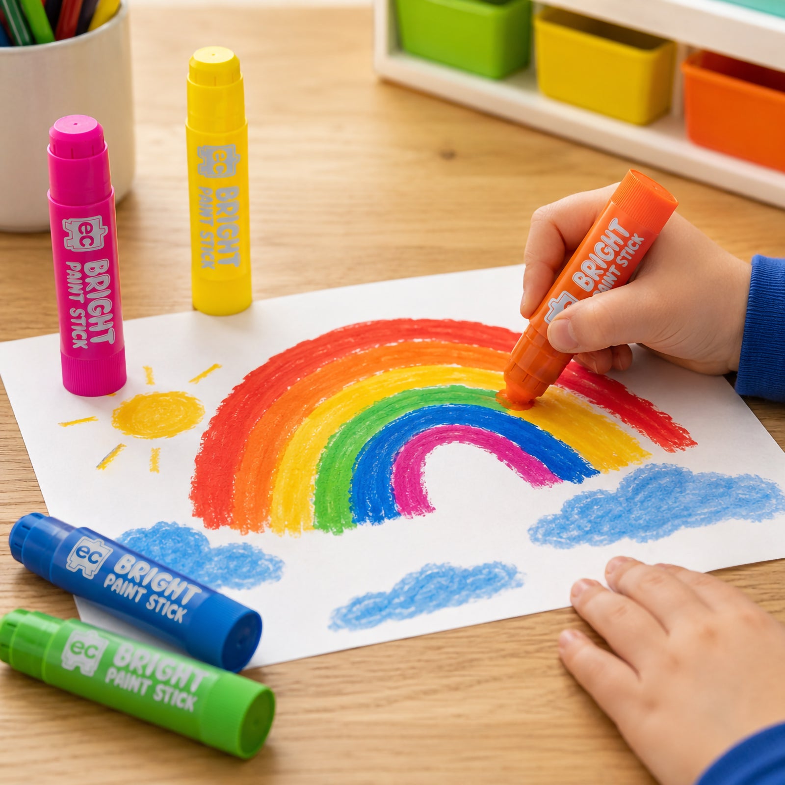 Close-up top view of child creating a rainbow drawing with Educational Colours Bright Paint Sticks in assorted colours on a wooden craft table.