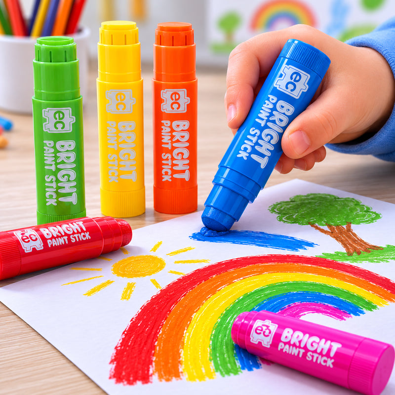 Child using blue Educational Colours Bright Paint Stick to draw a colourful rainbow on paper with assorted bright paint sticks arranged on a classroom craft table.