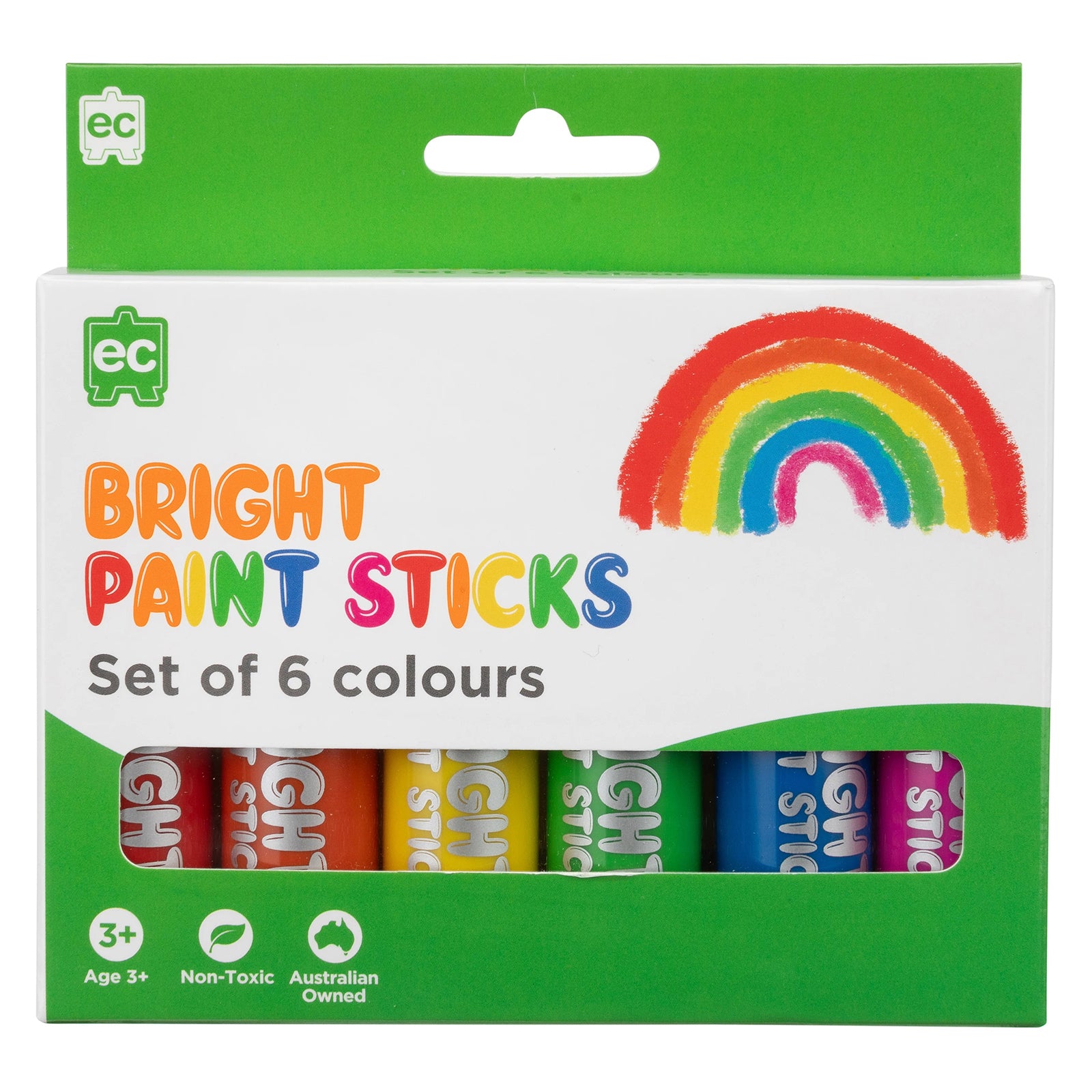 Front packaging of Educational Colours Bright Paint Sticks Set of 6 featuring rainbow artwork and visible paint stick colours inside the box, suitable for children aged 3 years and above.