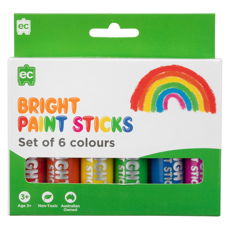 Front packaging of Educational Colours Bright Paint Sticks Set of 6 featuring rainbow artwork and visible paint stick colours inside the box, suitable for children aged 3 years and above.