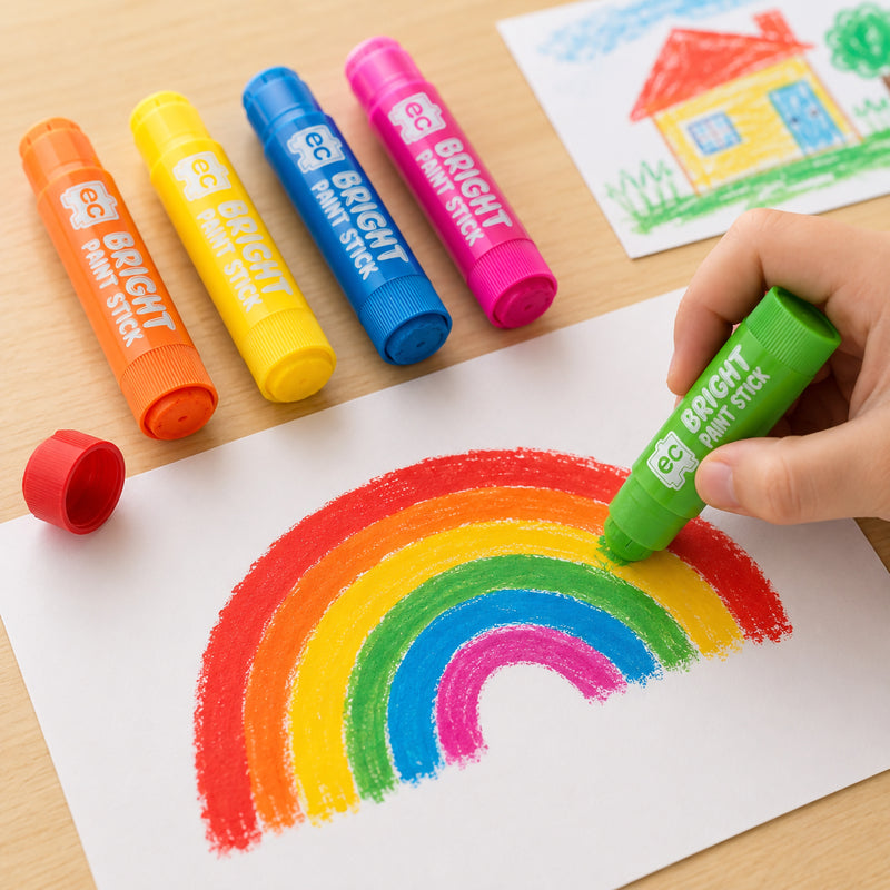 High-resolution arts and crafts scene showing a child colouring a rainbow with green Educational Colours Bright Paint Stick surrounded by colourful paint sticks on a desk.