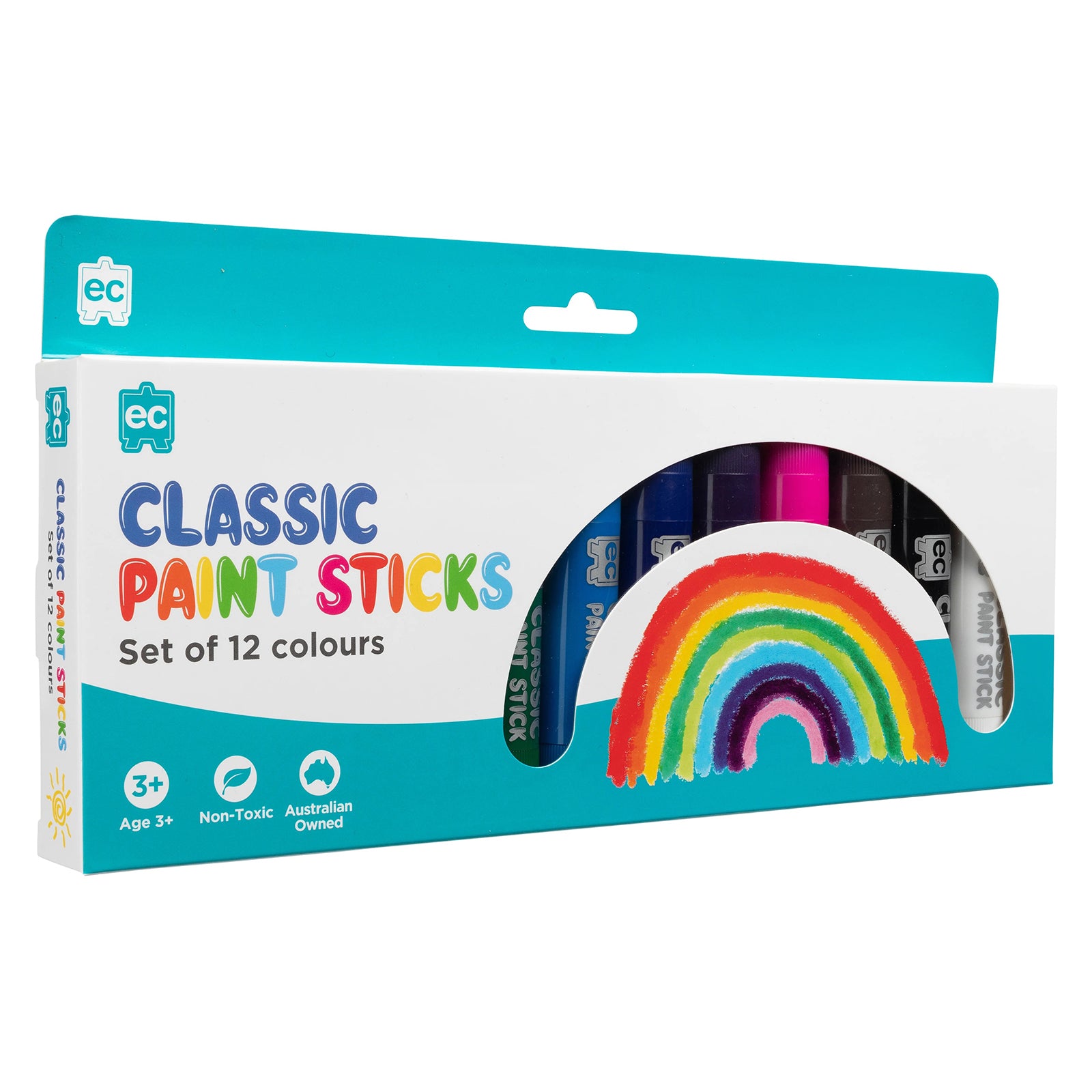 Angled retail packaging of the Classic Paint Sticks Set of 12 showing colourful assorted paint sticks and bright rainbow themed box presentation suitable for classroom and home art activities.