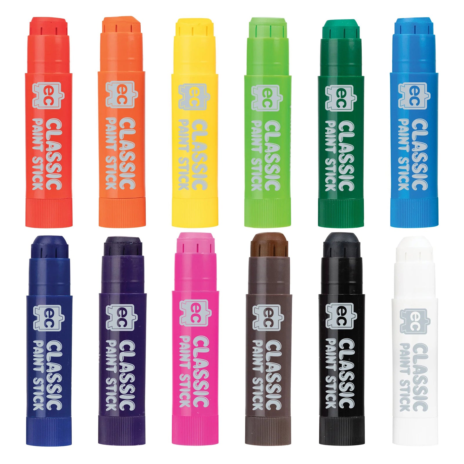 Twelve Educational Colours Classic Paint Sticks displayed upright in assorted rainbow shades including red, orange, yellow, green, blue, pink, brown, black and white, showcasing the vibrant colour range available in the set.