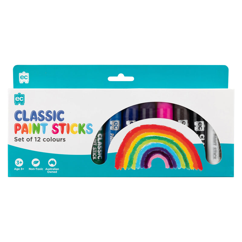 Front view of Educational Colours Classic Paint Sticks Set of 12 packaging featuring rainbow artwork and visible assorted paint stick colours inside the presentation box designed for children aged 3 years and above.