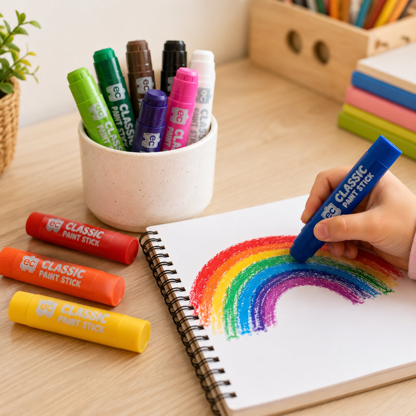 Educational Colours Classic Paint Sticks Set of 12 arranged on a white tabletop with rainbow artwork, notebooks, and classroom supplies in a bright creative setting.