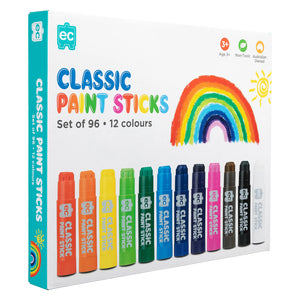 Angled retail packaging of the Classic Paint Sticks classroom pack highlighting the colourful assorted paint sticks and large set configuration suitable for schools and art rooms.