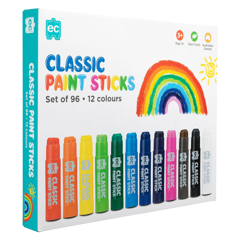 Angled retail packaging of the Classic Paint Sticks classroom pack highlighting the colourful assorted paint sticks and large set configuration suitable for schools and art rooms.