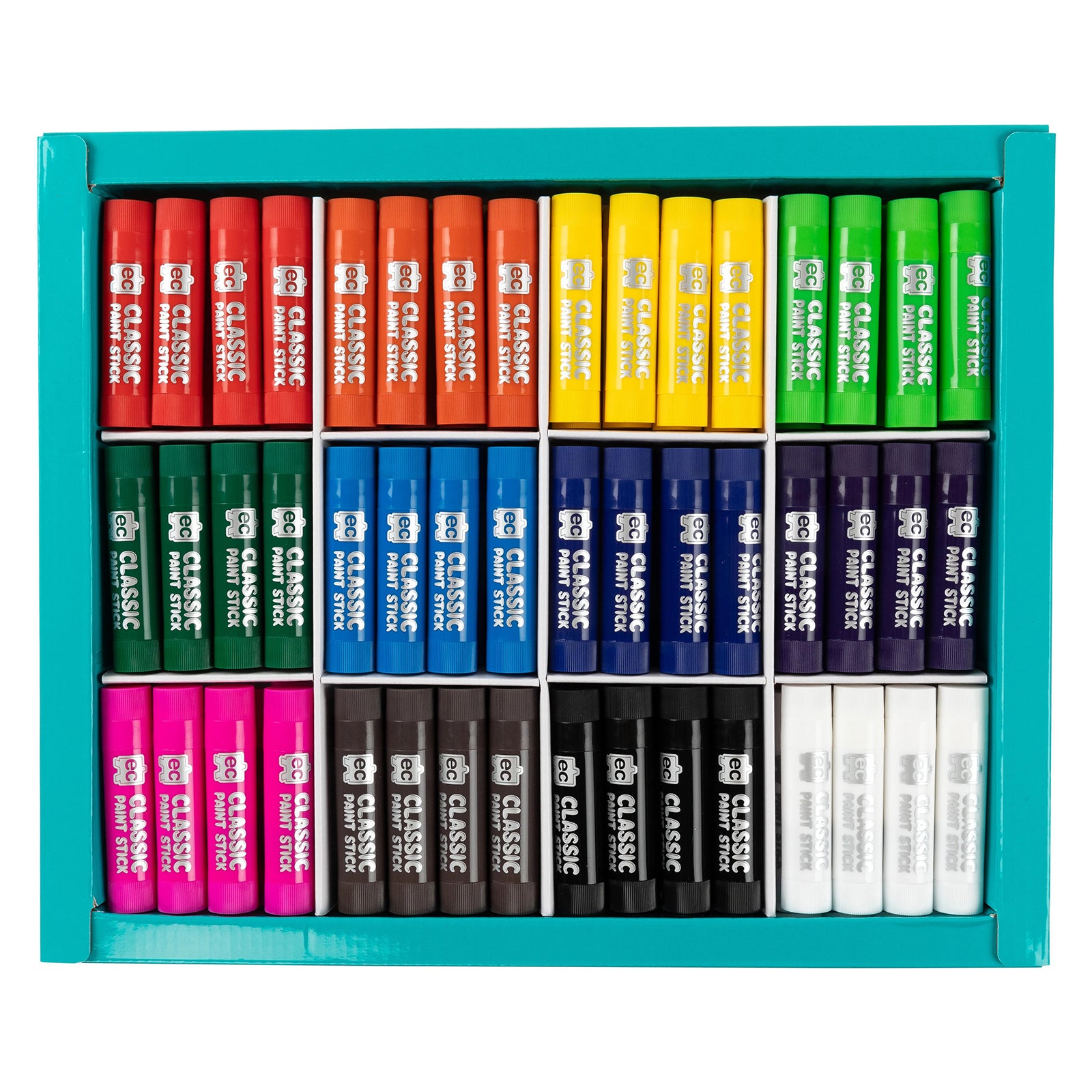 View of the classroom organiser tray showing ninety six Classic Paint Sticks sorted into twelve vibrant colours including red, orange, yellow, green, blue, purple, pink, brown, black and white.