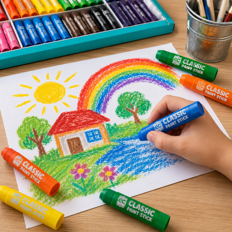 Child using Educational Colours Classic Paint Sticks to draw a colourful rainbow, house and nature scene on paper with assorted paint sticks and storage tray on a wooden table.
