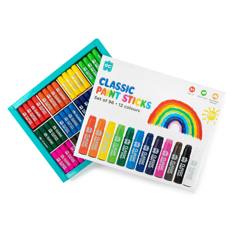 Educational Colours Classic Paint Sticks Set of 96 displayed in an open classroom storage box with twelve assorted colours arranged neatly for easy access during group art activities and creative learning sessions.