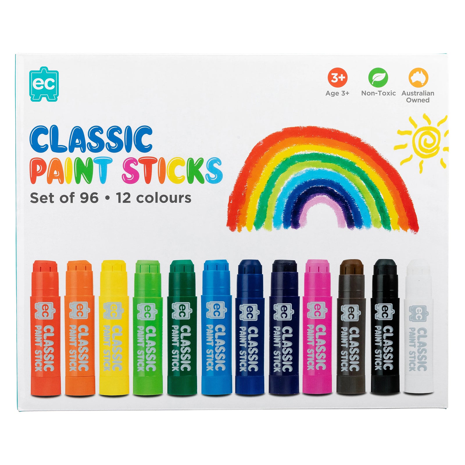 Front packaging view of Educational Colours Classic Paint Sticks Set of 96 featuring rainbow artwork, twelve assorted colours and classroom friendly non toxic paint stick presentation.