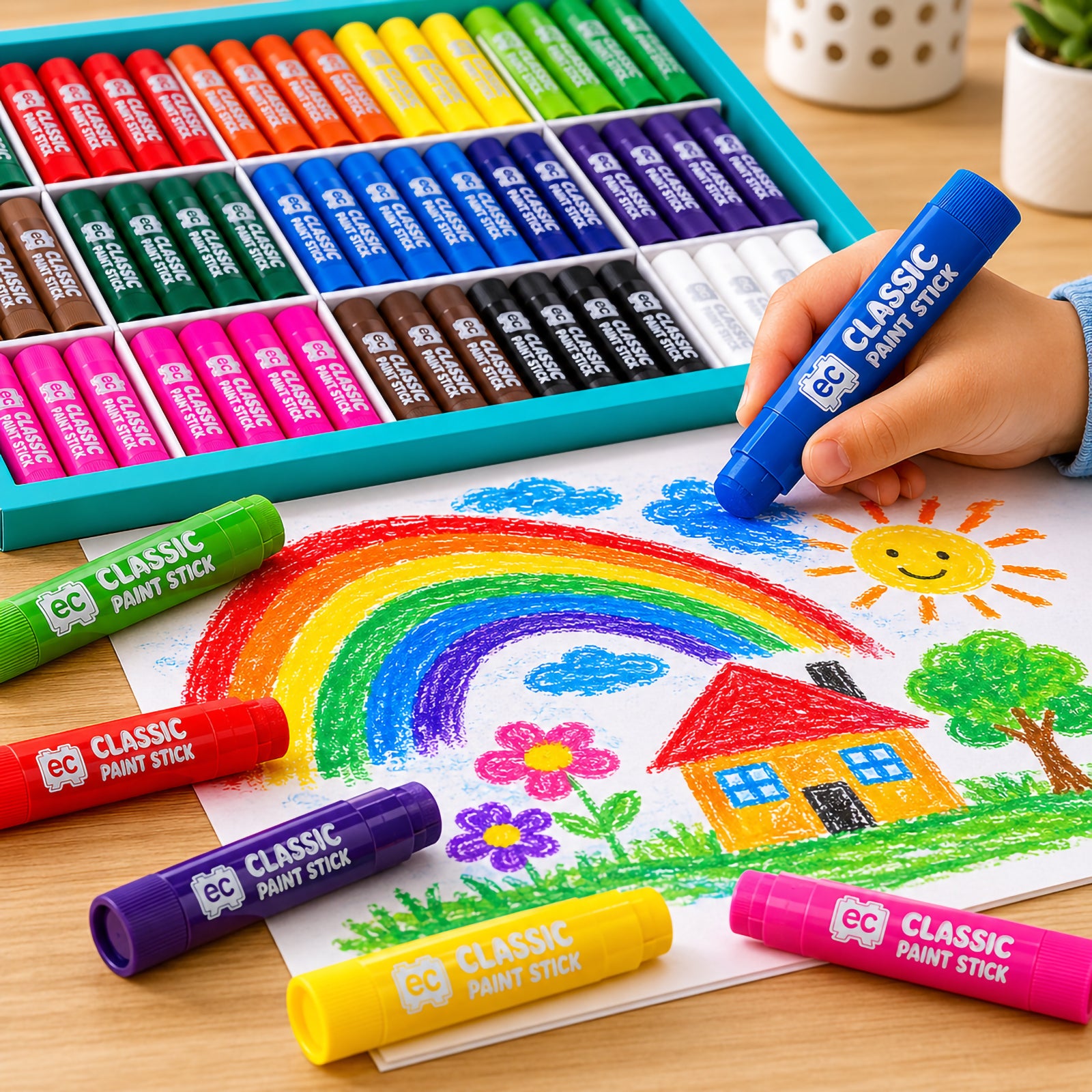 Close-up lifestyle image of Educational Colours Classic Paint Sticks being used by a child to colour a rainbow and house drawing with assorted paint sticks surrounding the artwork.