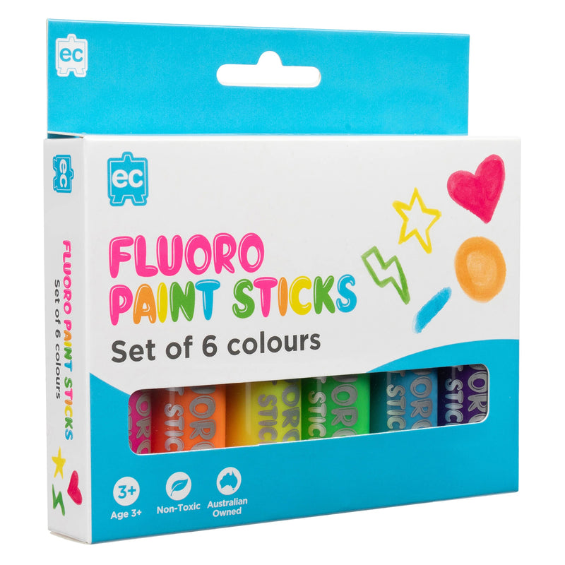 Angled packaging image showing the Fluoro Paint Sticks Set of 6 with vibrant neon colours and compact box design suitable for classroom and home art activities.