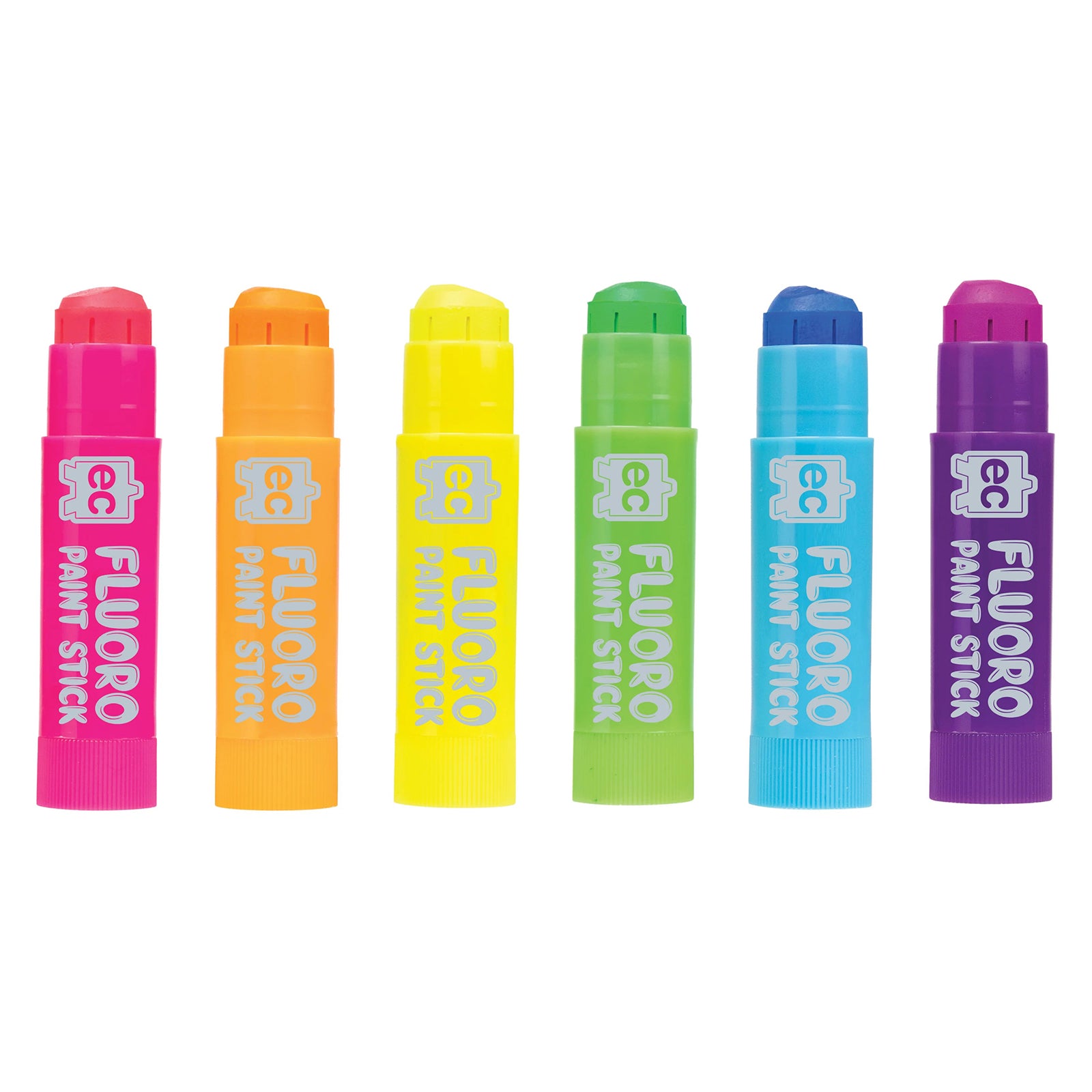 Six Educational Colours Fluoro Paint Sticks displayed individually in bright fluorescent shades including pink, orange, yellow, green, blue and purple against a clean background.