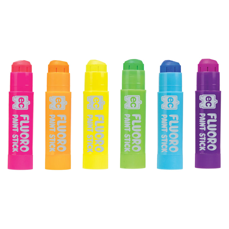 Six Educational Colours Fluoro Paint Sticks displayed individually in bright fluorescent shades including pink, orange, yellow, green, blue and purple against a clean background.