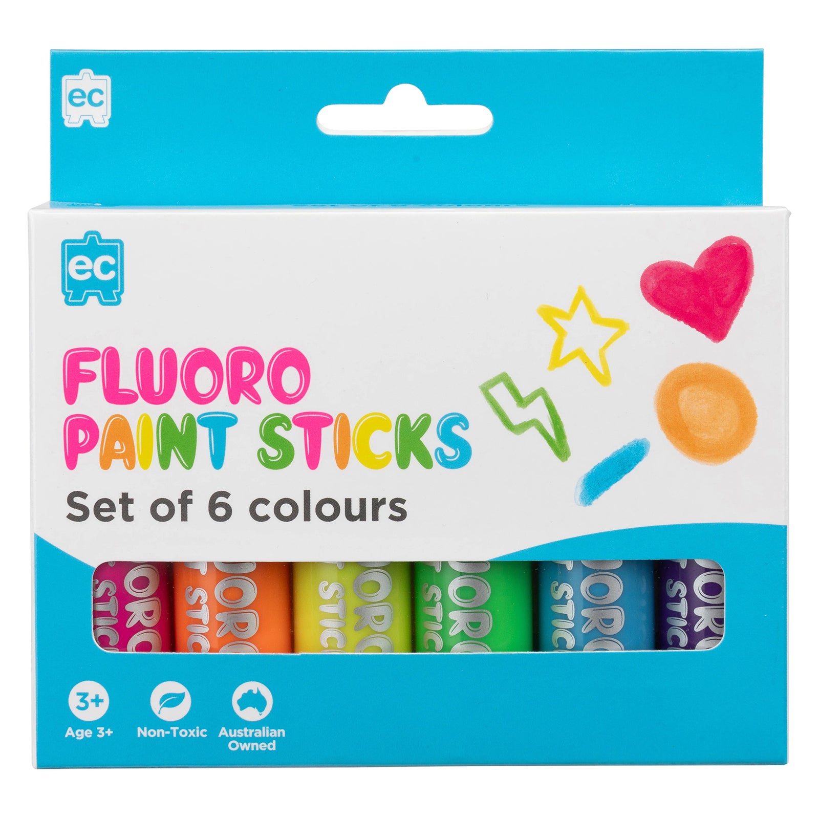Front packaging view of the Educational Colours Fluoro Paint Sticks Set of 6 featuring colourful fluorescent artwork and visible paint sticks inside the retail box.