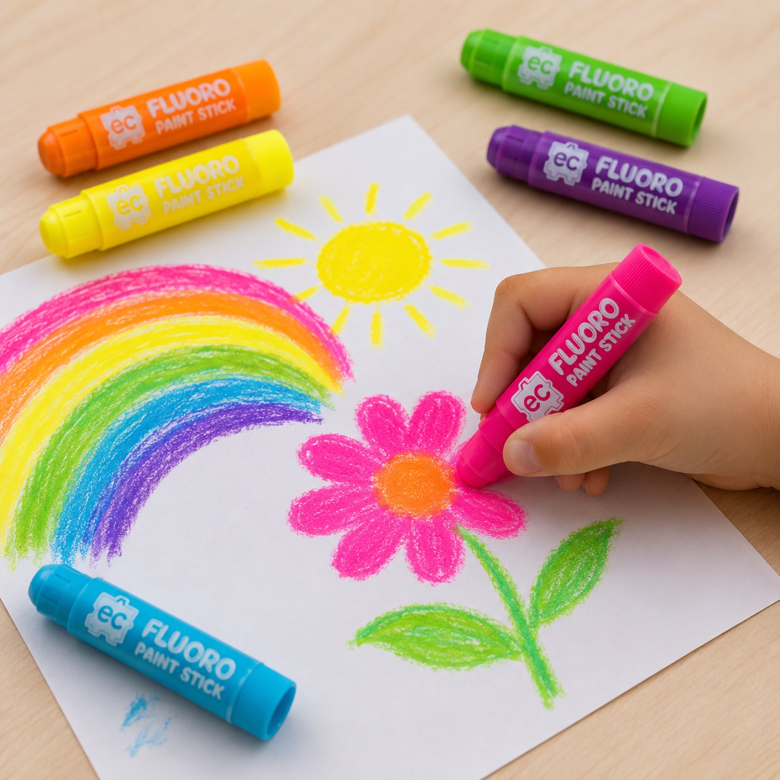 Top-down view of child colouring a rainbow, flower and sunshine drawing with Educational Colours Fluoro Paint Sticks in bright fluorescent colours on a wooden tabletop.