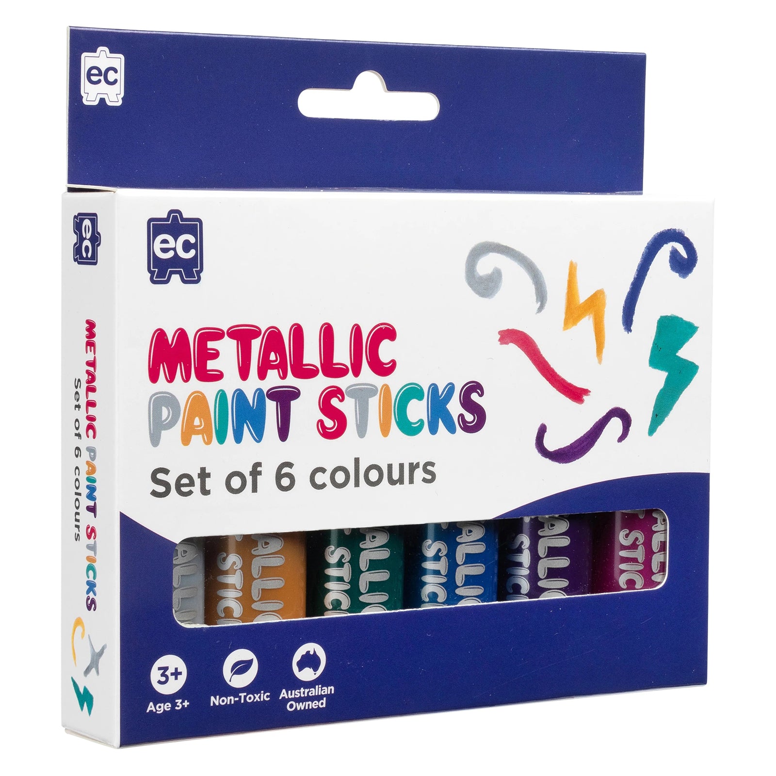 Angled retail packaging image showing the Metallic Paint Sticks Set of 6 with assorted shimmering colours and compact presentation suitable for creative classroom and home use.