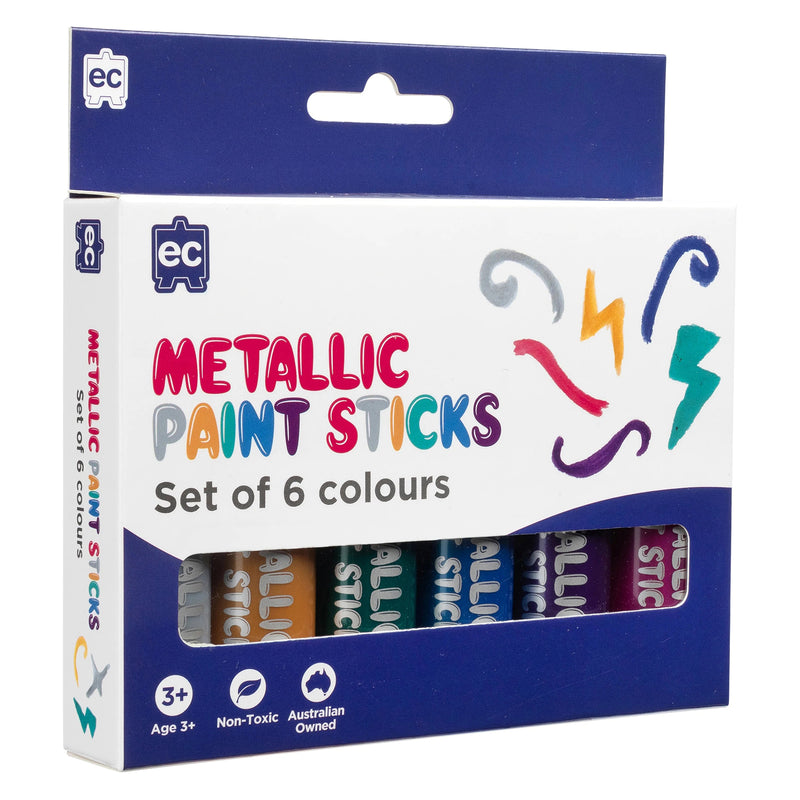 Angled retail packaging image showing the Metallic Paint Sticks Set of 6 with assorted shimmering colours and compact presentation suitable for creative classroom and home use.