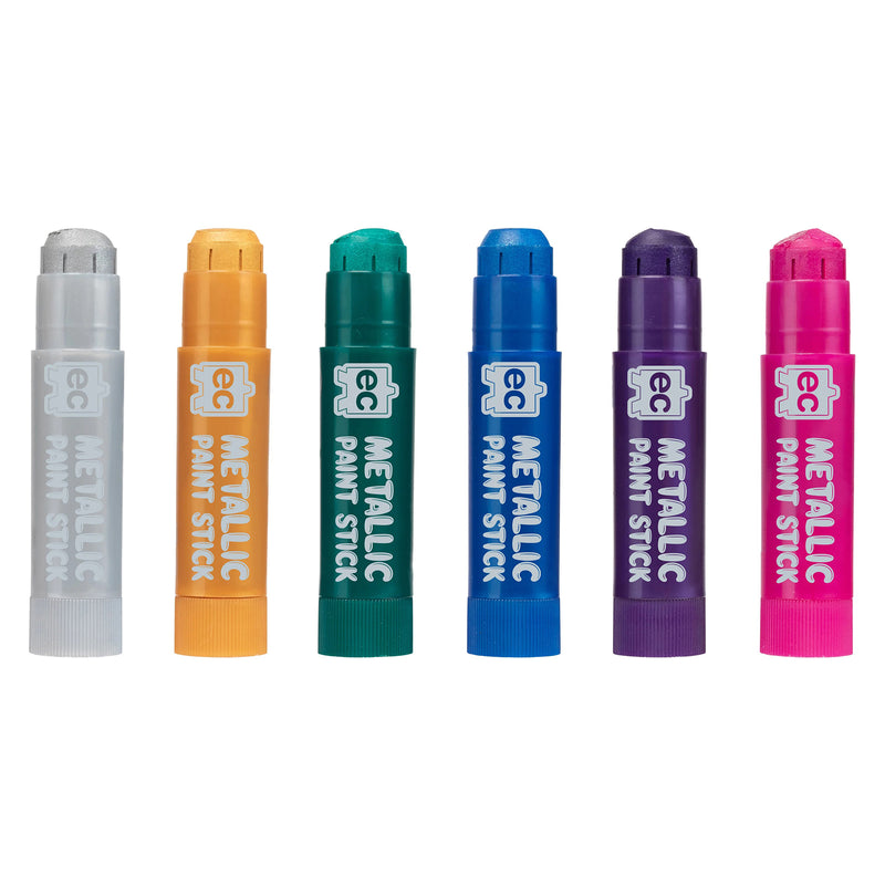 Six Educational Colours Metallic Paint Sticks displayed individually in shimmering metallic shades including silver, gold, teal, blue, purple and pink against a light background.