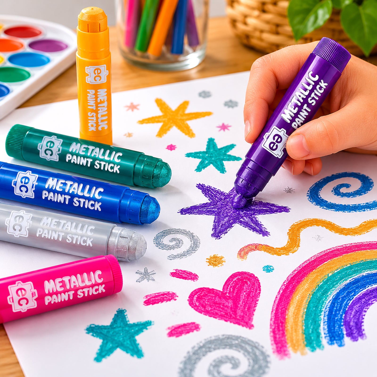 Child using purple metallic paint stick to draw colourful stars, hearts and rainbow artwork on white paper, surrounded by metallic paint sticks on a wooden table.