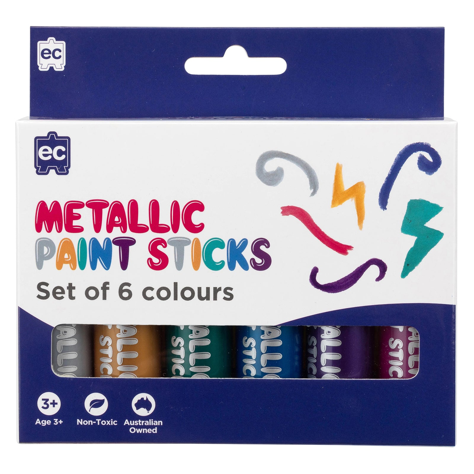 Front packaging view of the Educational Colours Metallic Paint Sticks Set of 6 featuring colourful metallic artwork and visible paint sticks inside the retail display box.