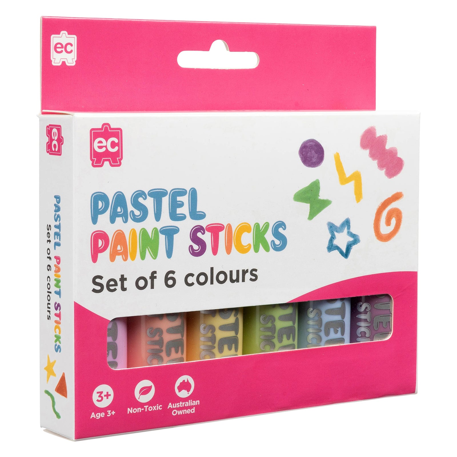 Angled packaging image of the Pastel Paint Sticks Set of 6 showing assorted pastel colours in an easy to store box suitable for classrooms, childcare and home art activities.