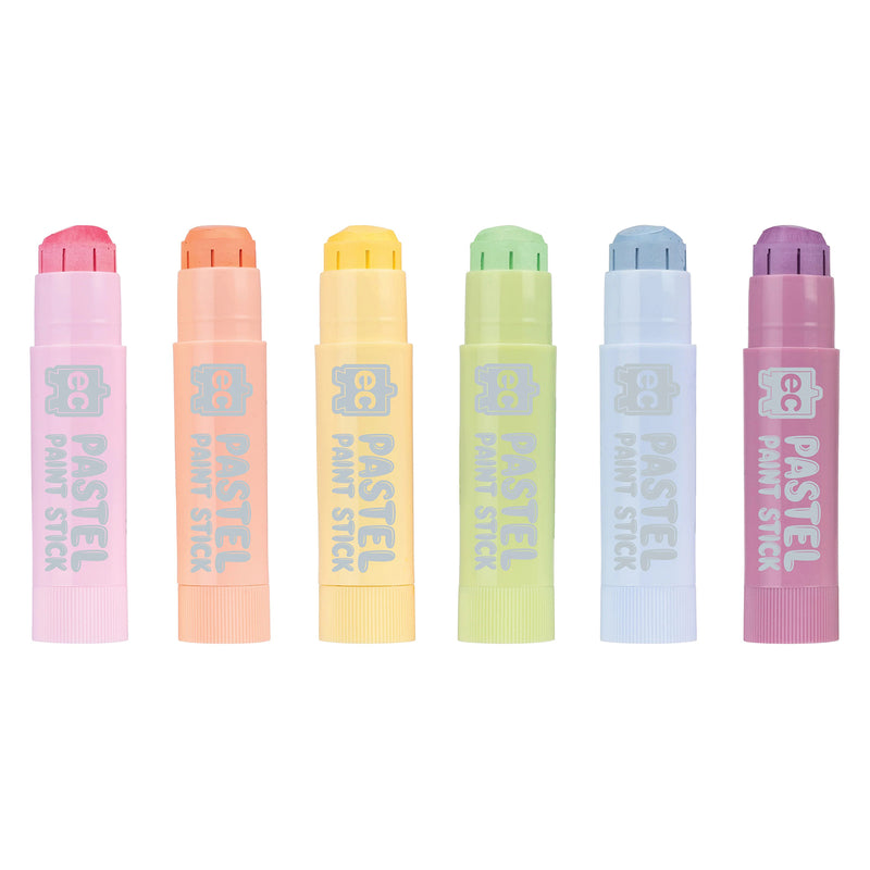 Six Educational Colours Pastel Paint Sticks displayed individually in soft pastel shades including pink, peach, yellow, green, blue and purple against a light background.