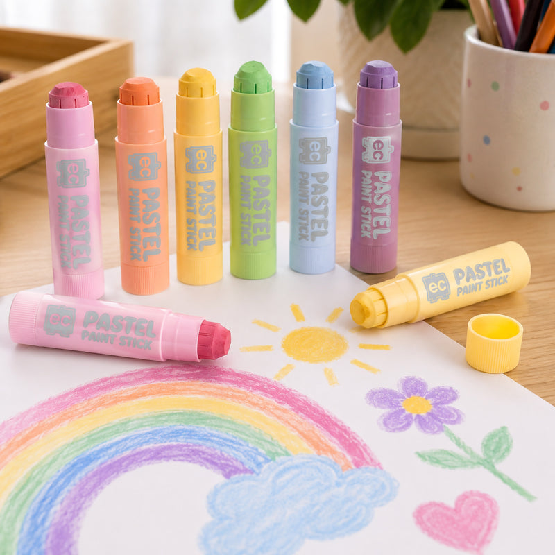 Pastel Paint Sticks standing upright beside a colourful rainbow drawing on white paper. The image highlights the soft pastel shades including pink, peach, yellow, green, blue and purple in a bright creative workspace.