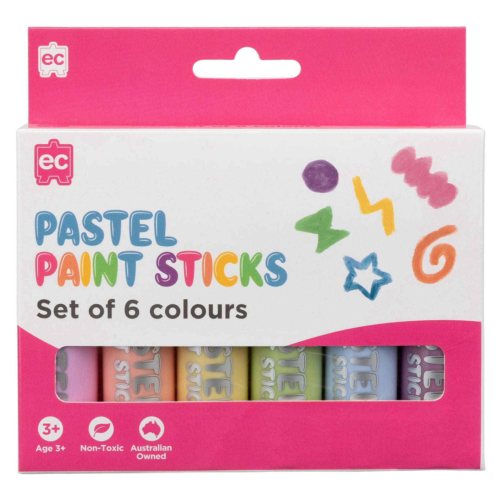 Front view of the Educational Colours Pastel Paint Sticks Set of 6 packaging featuring bright pink borders, playful pastel artwork and visible paint sticks inside the retail box.