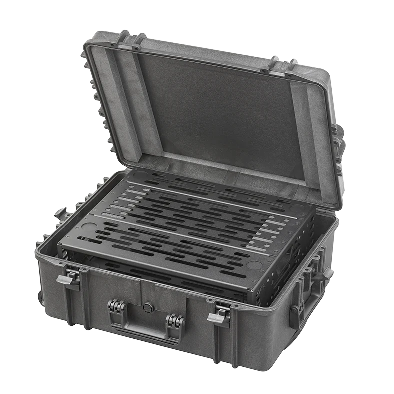 Panaro A-RACK2U-MAX620H250TR trolley case open with the 2U rack frame fitted inside
