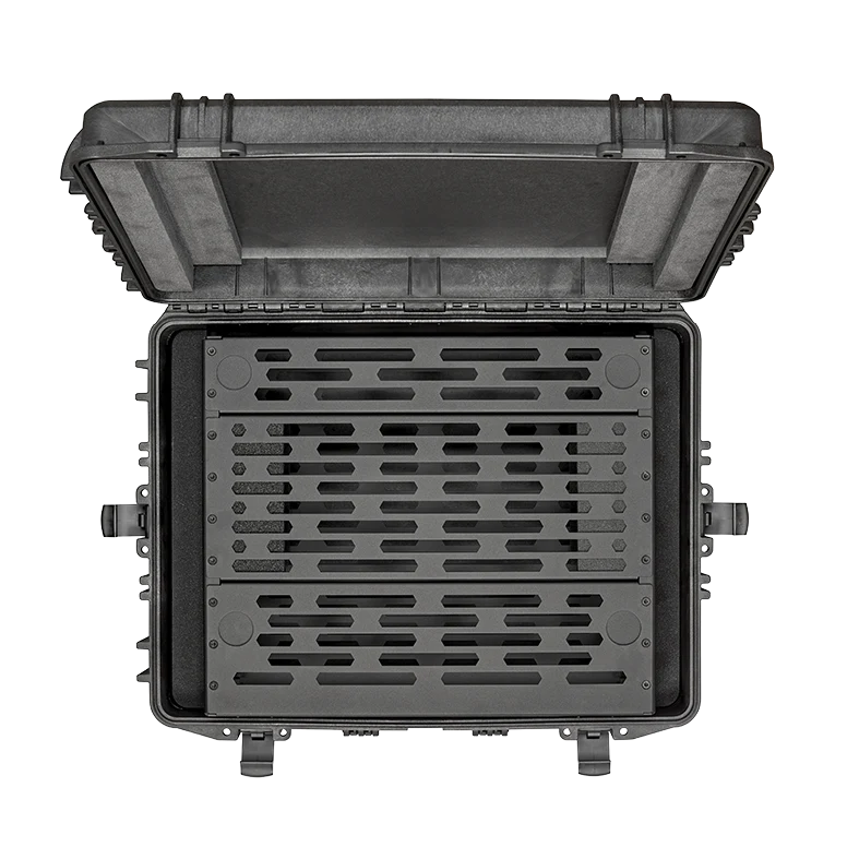 Overhead view of an open Panaro MAX620H250TR rack case with the rack rails visible