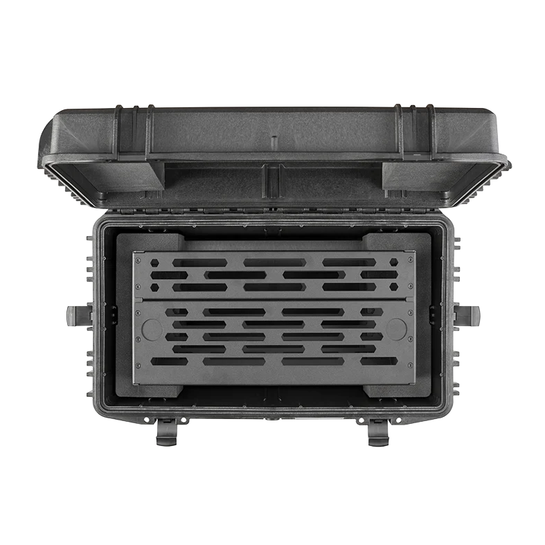 Overhead view of the open Panaro A-RACK2U-MAX630 showing the 2U rack frame