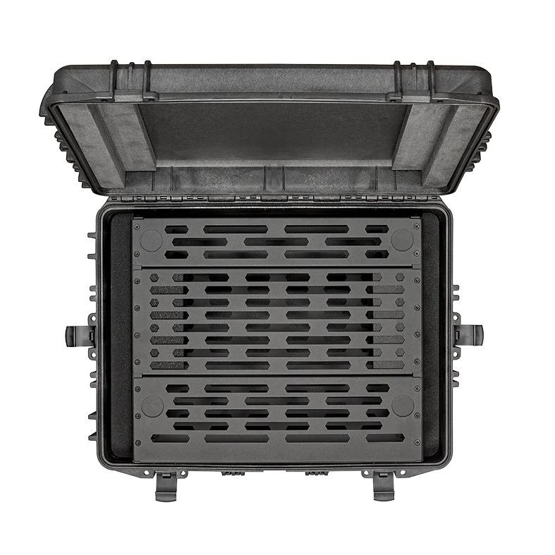 Overhead view of an open Panaro MAX620H250 rack case showing the slotted rack rails