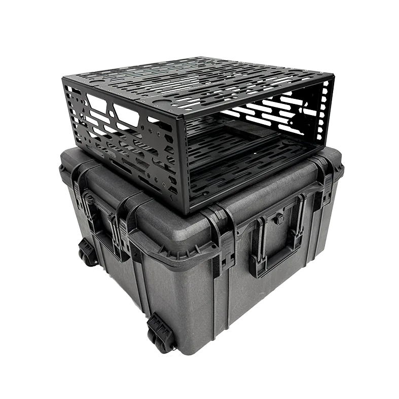 Panaro 4U A-RACK frame lifted above the MAX615 case to show how it slides in