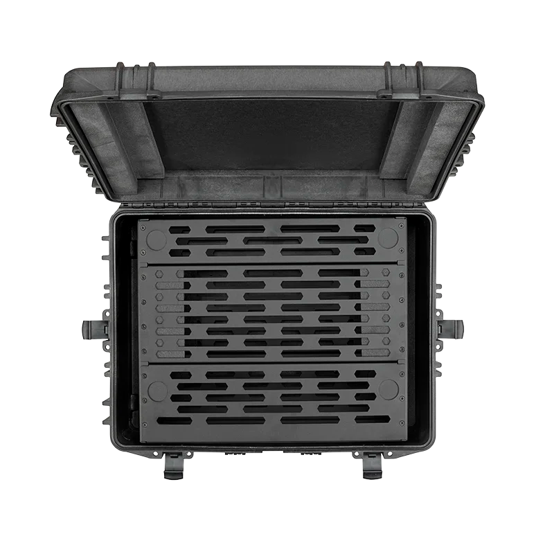 Overhead view of the open Panaro A-RACK4U-MAX620H250 showing the slotted rack frame